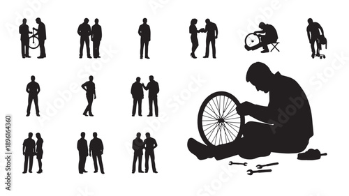 Silhouetted man repairing bicycle wheel surrounded by people silhouettes in various poses and activities.