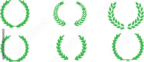 Set of green laurel wreath icons representing victory and achievement isolated on a white background for design projects