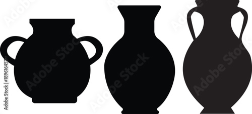 Black silhouette of ancient Greek pottery vases and clay amphora icons set isolated on a white background