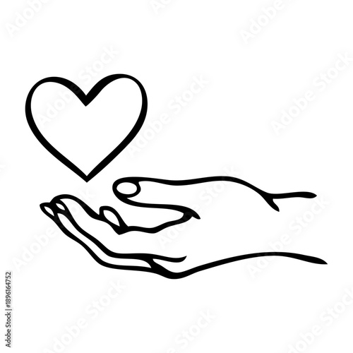Símbolo caridad. Dibujo sencillo con líneas de una mano sosteniendo un corazón