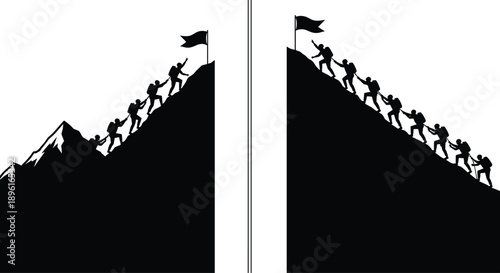 Teamwork mountain climbing silhouette illustration, people helping each other reach summit, leadership success challenge concept, business achievement metaphor
