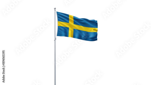 Swedish flag waving on flagpole isolated on transparent background