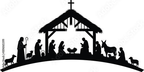 Nativity scene silhouette illustration, birth of Jesus Christmas story, holy family manger with shepherds animals, black religious design