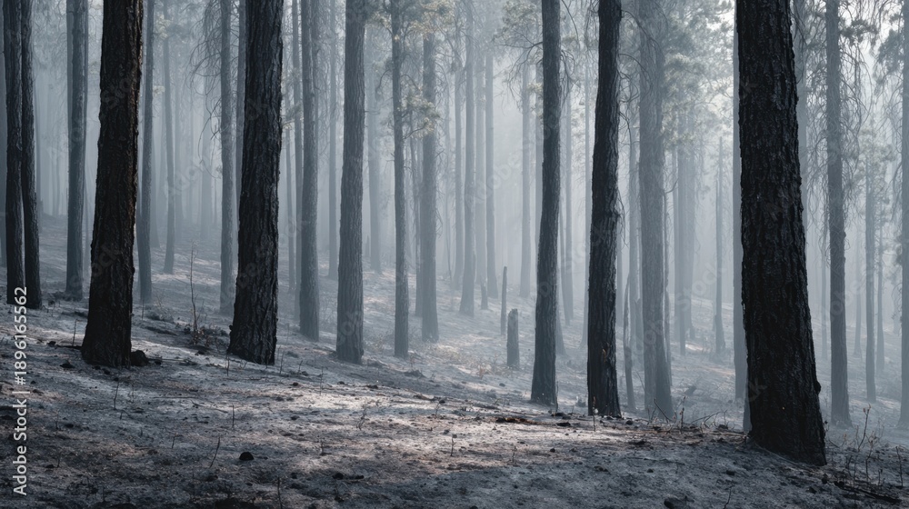 Naklejka premium Whispers of renewal in a forest landscape after a wildfire