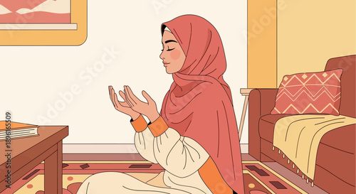 Muslim woman in hijab praying at home, serene, spiritual, peaceful, devotion, worship