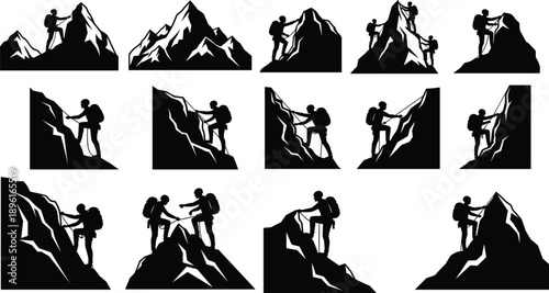 Mountain climbing teamwork silhouette set, hikers helping each other reach summit, adventure leadership success concept, black isolated icons