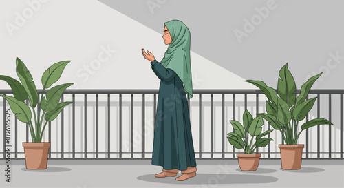 Muslim woman in hijab praying on balcony with potted plants, serene moment