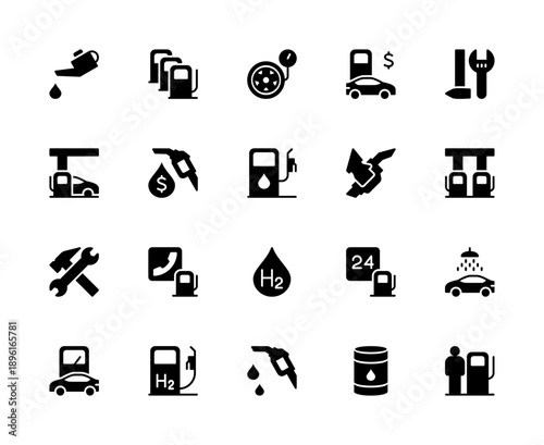 Filling station related vector silhouette icons set. Contains such icons as oil, filling station, wheel, car, maintenance and more.
