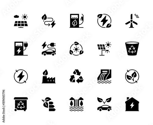 Energy saving vector silhouette icons set. Contains such energy saving icons as sun, electricity, solar panels, gas station, plant, power and more.