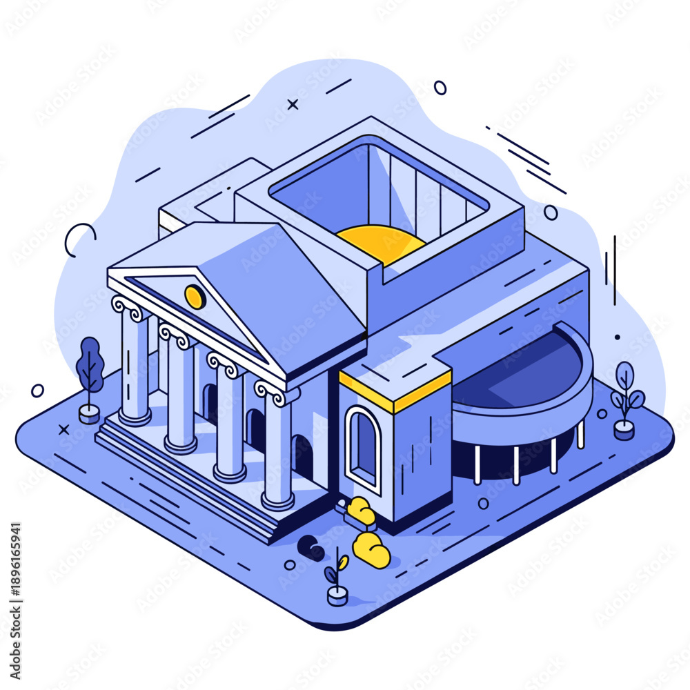 Naklejka premium Isometric blue building design with columns and geometric shapes. No editable stroke
