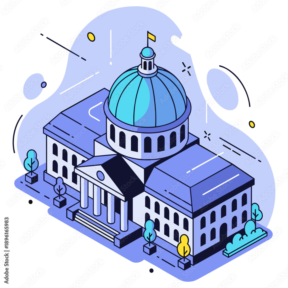 Naklejka premium Isometric illustration of classical dome building with columns and trees. No editable stroke
