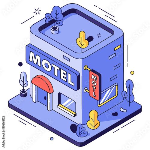 Isometric illustration of a blue motel building with red awning and signage. No editable stroke