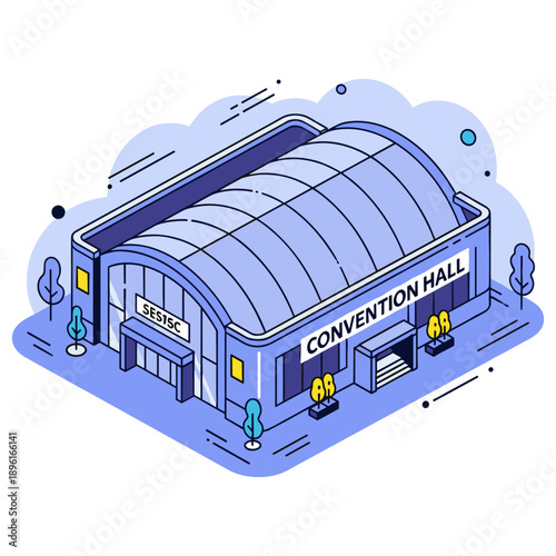 Isometric illustration of a modern convention hall exterior with trees and sky. No editable stroke