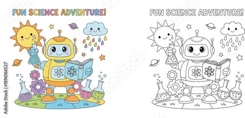 Fun Science Adventure Robot Illustration and Coloring Page for Kids, Educational Lab Scene with Cute Robot, Beakers, Space Elements and Atoms for Children's Activity Book