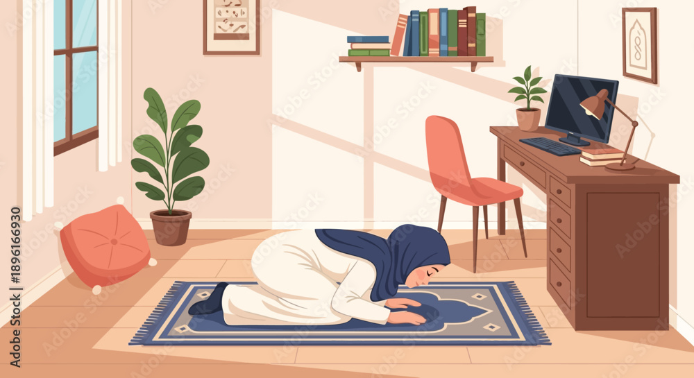 Fototapeta premium Muslim Woman Praying at Home in a Cozy Room
