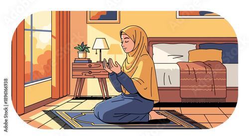 Muslim woman praying at home during sunset, wearing hijab and kneeling on prayer mat.