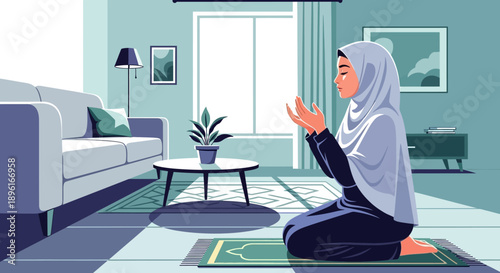 Muslim Woman Praying at Home in Hijab, Peaceful Islamic Worship and Spirituality
