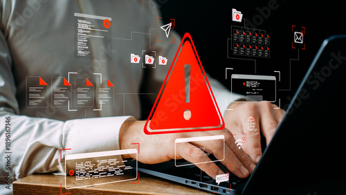 Foto cybersecurity threat alerts with blocked messages, compromised documents, exclamation marks, damaged files