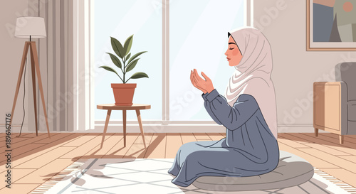 Muslim Woman Praying at Home, Peaceful Islamic Devotion and Spirituality