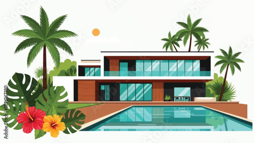 Modern tropical villa with swimming pool, lush palms, and contemporary architecture.
