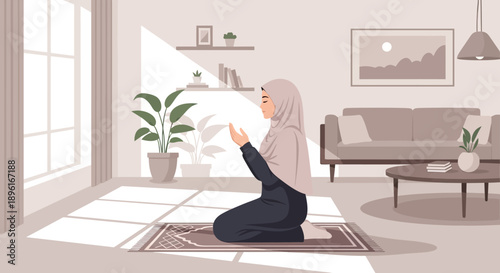 Muslim Woman Praying at Home, Peaceful Islamic Devotion and Spirituality