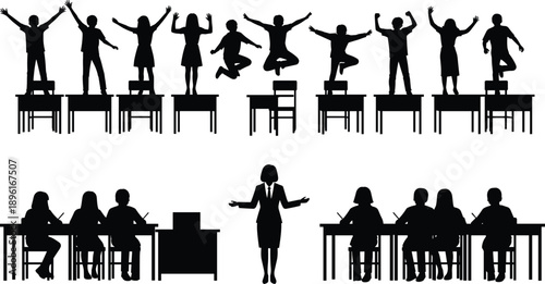 Classroom behavior contrast illustration, excited students standing on desks versus disciplined learning environment, education discipline concept, black silhouette vector