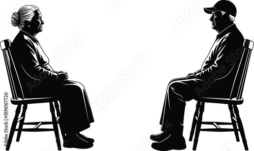 Elderly couple silhouette illustration, senior man and woman sitting facing each other, aging relationship conversation concept, black isolated design vector