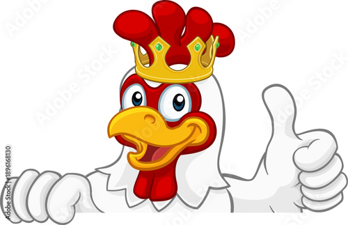 A chicken rooster cockerel bird cartoon character in a gold kings crown peeking over a sign and giving a thumbs up