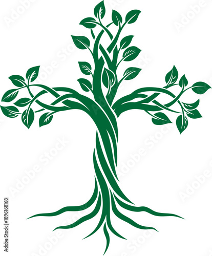 Illustration of a tree forming a Christian cross icon symbol. Represents Christian religious faith growth with strong roots.