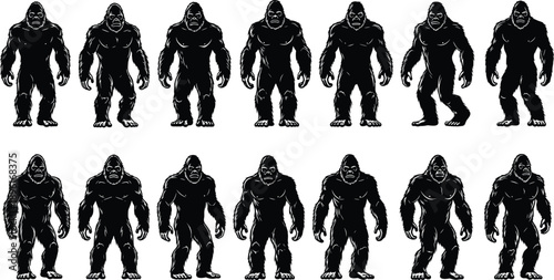 Bigfoot silhouettes collection isolated on white background, mythical sasquatch creature poses, black vector illustration set for design branding