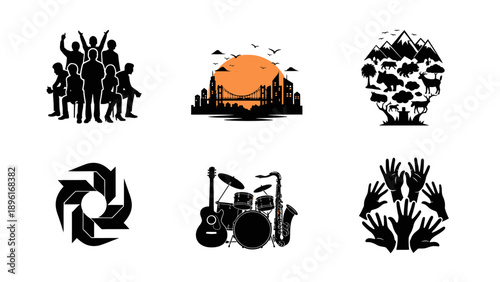 Diverse Icons: People, Cityscape, Nature, Music, Abstract, Community