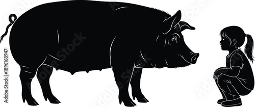 Child squatting, pig standing, animal interaction, human empathy, farm animal, peaceful moment, silhouette art, black and white, emotional bond, rural life, child and pig,