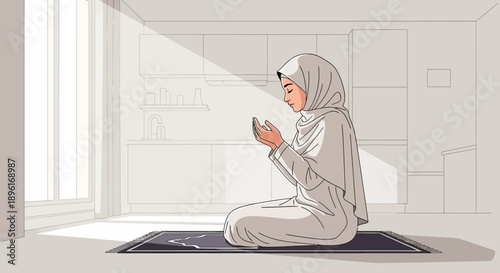 Muslim Woman Praying at Home, Peaceful Solitude, Islamic Devotion, Soft Sunlight