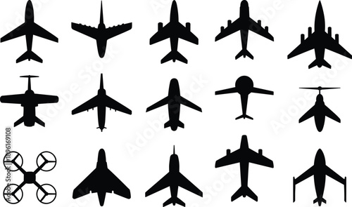Collection of diverse airplane and drone silhouettes showcasing various aircraft and aerial vehicles against a clean white background for easy integration