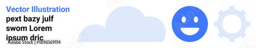 Cloud computing, digital innovation, user experience, online tools, technology services, system management. Minimalist graphic with a cloud, happy face and gear. Cloud computing and digital