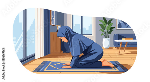 Muslim Woman Praying at Home, Wearing Hijab, Kneeling on Prayer Mat
