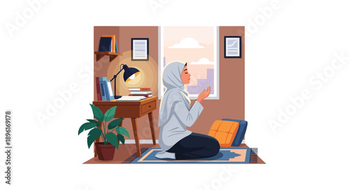 Muslim Woman Praying at Home, Wearing Hijab, Peaceful Devotion