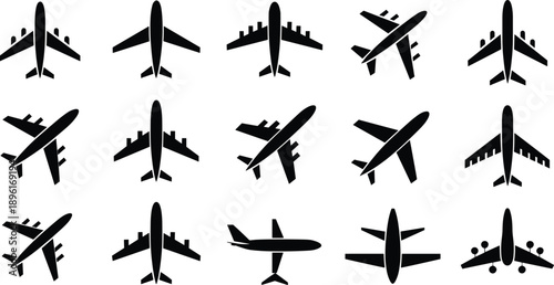 Collection of fifteen black silhouette representing various airplane models in different orientations on a white background