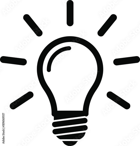 Black light bulb icon isolated on transparent background with rays