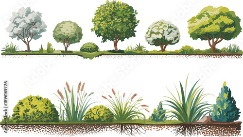 Detailed cross-section of garden soil showcasing intricate root systems and diverse above-ground plant life including trees, shrubs, and ornamental grasses