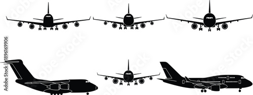 Black Airplane Silhouette Vector Set with Front and Side Views, Commercial Jet and Cargo Plane Icons for Aviation and Travel Design