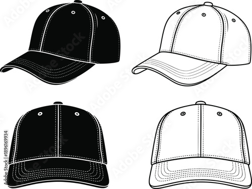 Black and White Baseball Cap Vector Mockup Set with Front and Side Views Isolated Linear Fashion Hat Illustrations for Design