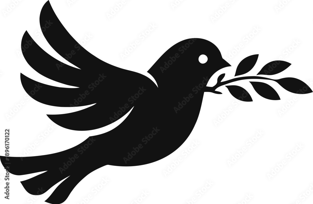 Obraz premium Bird with Leaf Branch Silhouette Vector Illustration