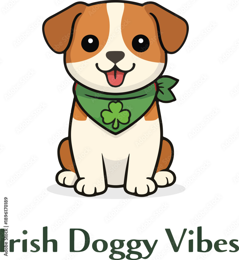 Fototapeta premium Irish Doggy Vibes Cute Dog Vector Illustration Wearing Green Bandana with Shamrock Clover Cartoon Puppy Character for St Patrick’s Day Irish Holiday Design