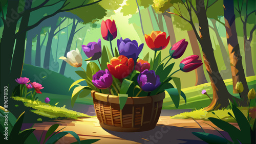 Very beautiful spring bouquet of purple and red tulips arranged in a wicker basket, captured in close-up against a lush green forest backdrop symbolizing renewal, life, and seasonal hope.