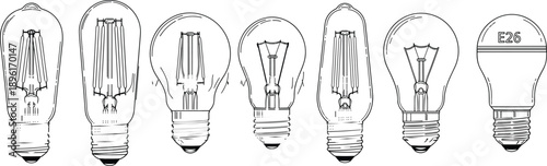 Vector illustration set of various light bulb types including Edison, LED, and vintage incandescent styles, isolated line art icons for idea and energy.