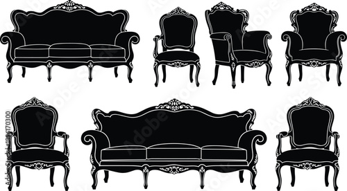 Vintage baroque furniture silhouette set with classic sofa and armchairs, elegant Victorian style seating collection, black ornamental chairs isolated on white background