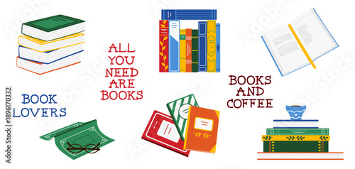 Set of colorful book stacks, open book, coffee cup and lettering. Library and education design. White isolated background