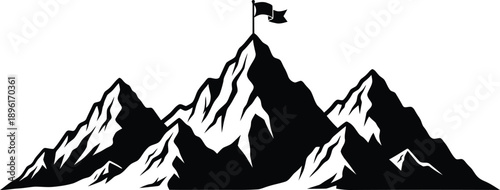 Black silhouette of a mountain range with a flag on the highest peak isolated on transparent background