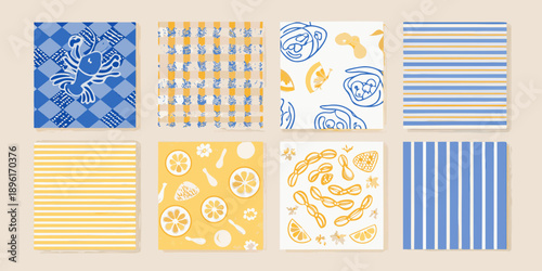 A collection of six patterned squares featuring nautical and citrus motifs